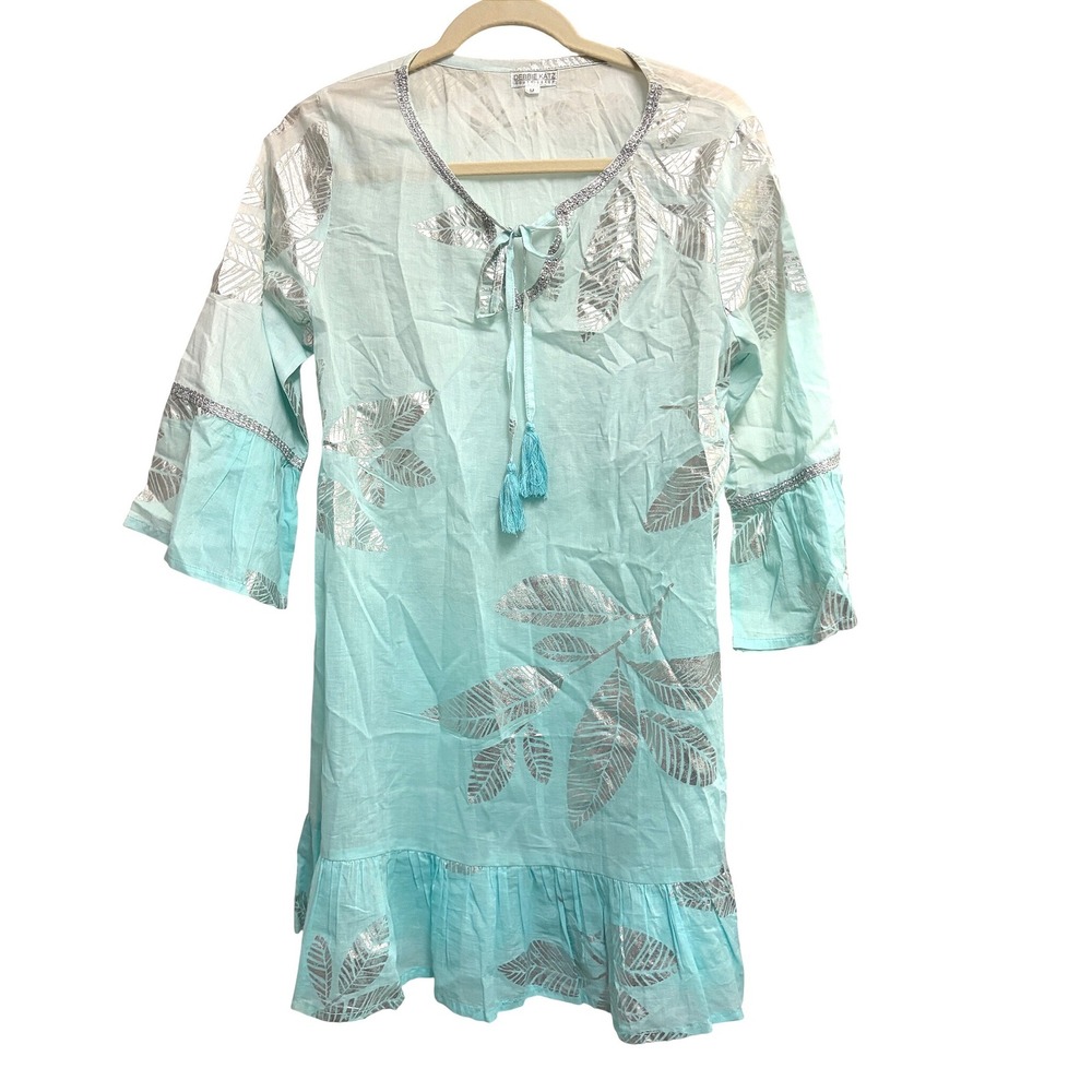 Debbie Katz Moira Silver Metallic Aqua Blue Tunic Dress‎ Bell Sleeve Cotton M